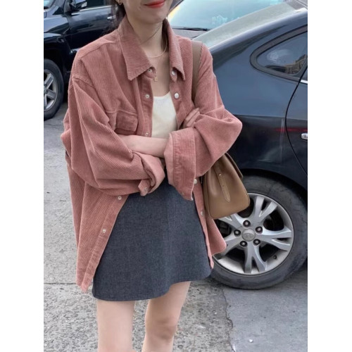 秋冬款復古粉色燈芯絨襯衫女加厚曡穿高級感小衆休閒洋氣減齡外套