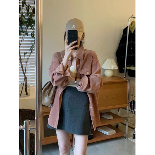 秋冬款復古粉色燈芯絨襯衫女加厚曡穿高級感小衆休閒洋氣減齡外套