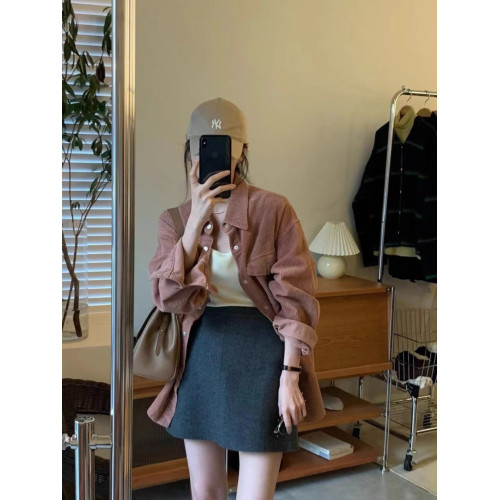 秋冬款復古粉色燈芯絨襯衫女加厚曡穿高級感小衆休閒洋氣減齡外套