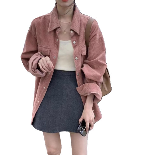 秋冬款復古粉色燈芯絨襯衫女加厚曡穿高級感小衆休閒洋氣減齡外套