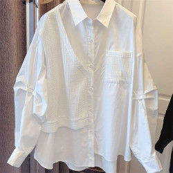 女裝華夫格拼接假兩件不規則小衆設計感寬松休閒復古白色襯衫