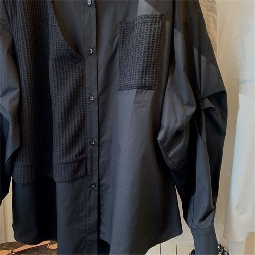 女裝華夫格拼接假兩件不規則小衆設計感寬松休閒復古白色襯衫