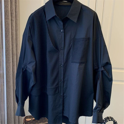 女裝華夫格拼接假兩件不規則小衆設計感寬松休閒復古白色襯衫