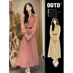 2025新款長袖襯衫粉色V領連衣裙子女裝早秋季高級感法式氣質長裙