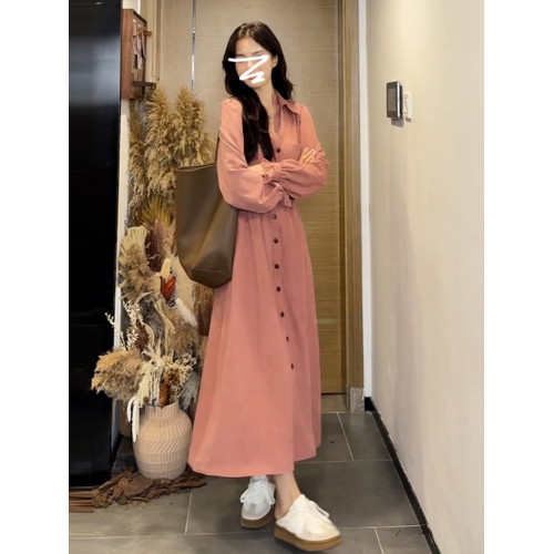 2025新款長袖襯衫粉色V領連衣裙子女裝早秋季高級感法式氣質長裙