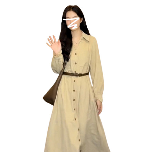 2025新款長袖襯衫粉色V領連衣裙子女裝早秋季高級感法式氣質長裙