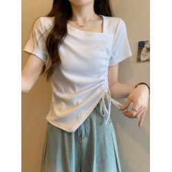 韓系chic港風抽繩短袖T恤女夏季修身顯瘦不規則短款斜領半袖上衣