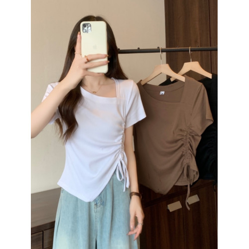 韓系chic港風抽繩短袖T恤女夏季修身顯瘦不規則短款斜領半袖上衣 韓系chic港風抽繩短袖T恤女夏季修身顯瘦不規則短款斜領半袖上衣