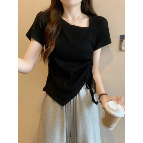 韓系chic港風抽繩短袖T恤女夏季修身顯瘦不規則短款斜領半袖上衣 韓系chic港風抽繩短袖T恤女夏季修身顯瘦不規則短款斜領半袖上衣