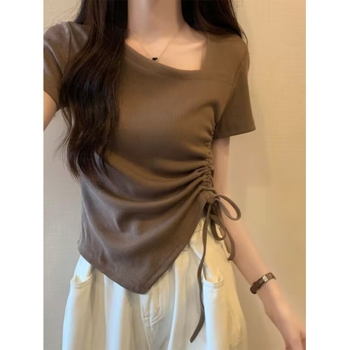 韓系chic港風抽繩短袖T恤女夏季修身顯瘦不規則短款斜領半袖上衣 韓系chic港風抽繩短袖T恤女夏季修身顯瘦不規則短款斜領半袖上衣