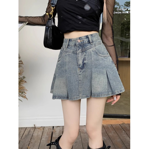 美式復古高腰顯瘦牛仔百褶裙女2025年夏季新款小個子辣妹A字短裙 美式復古高腰顯瘦牛仔百褶裙女2025年夏季新款小個子辣妹A字短裙