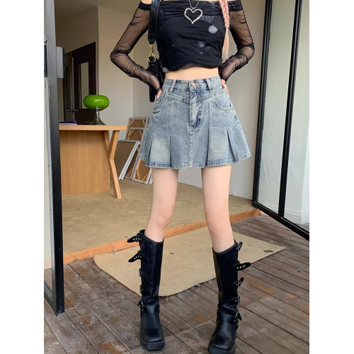 美式復古高腰顯瘦牛仔百褶裙女2025年夏季新款小個子辣妹A字短裙 美式復古高腰顯瘦牛仔百褶裙女2025年夏季新款小個子辣妹A字短裙