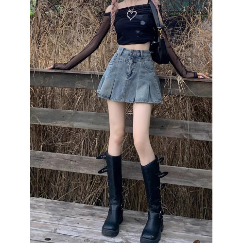 美式復古高腰顯瘦牛仔百褶裙女2025年夏季新款小個子辣妹A字短裙 美式復古高腰顯瘦牛仔百褶裙女2025年夏季新款小個子辣妹A字短裙