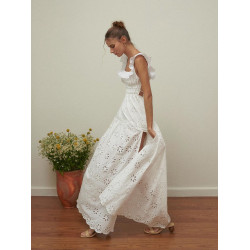 三亞小衆浪漫荷葉邊方領刺綉連衣裙法式度假風露背開衩仙女長裙