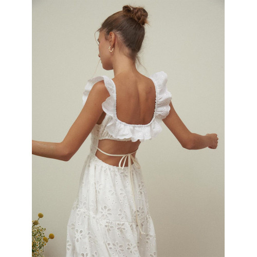 三亞小衆浪漫荷葉邊方領刺綉連衣裙法式度假風露背開衩仙女長裙