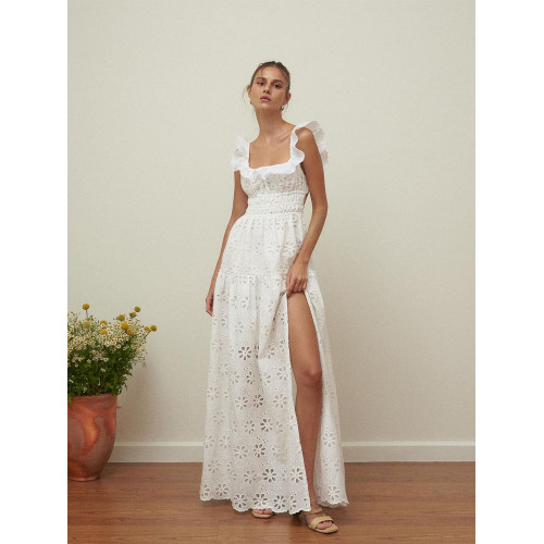 三亞小衆浪漫荷葉邊方領刺綉連衣裙法式度假風露背開衩仙女長裙