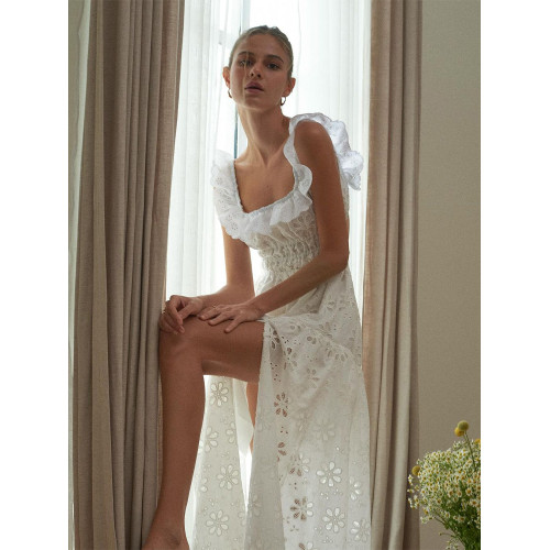 三亞小衆浪漫荷葉邊方領刺綉連衣裙法式度假風露背開衩仙女長裙