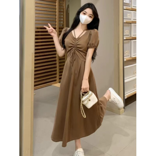 大碼休閒連衣裙女夏季新款法式赫本風小黑裙氣質顯瘦垂感a字裙子