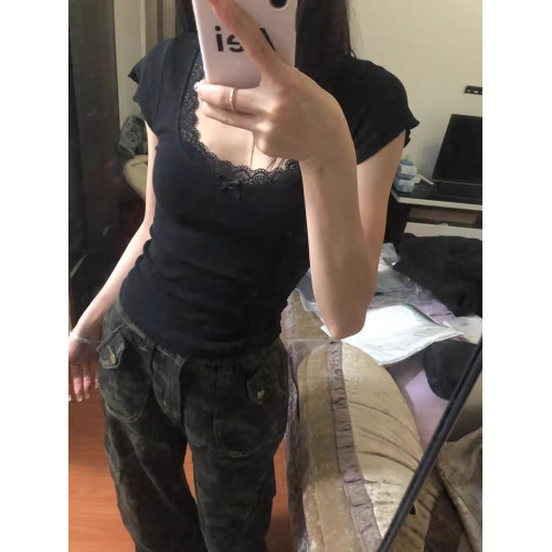 純欲蕾絲花邊方領短袖t恤女2025夏季甜辣妹蝴蝶結緊身小飛袖上衣 純欲蕾絲花邊方領短袖t恤女2025夏季甜辣妹蝴蝶結緊身小飛袖上衣