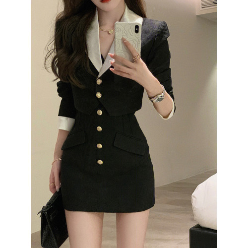 氣質高級感韓劇輕熟風穿搭禦姐職業黑色西裝外套短裙兩件套裝女秋