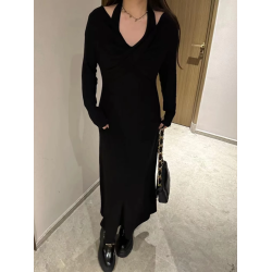 大碼女裝法式掛脖黑色長裙子秋季胖mm遮肉顯瘦針織內搭打底連衣裙