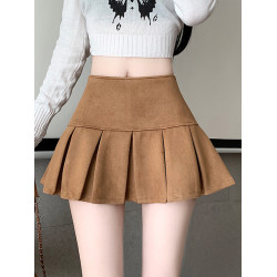 黑色鹿皮絨百褶半身裙女秋冬高腰顯瘦小皮裙休閒防走光a字短裙褲