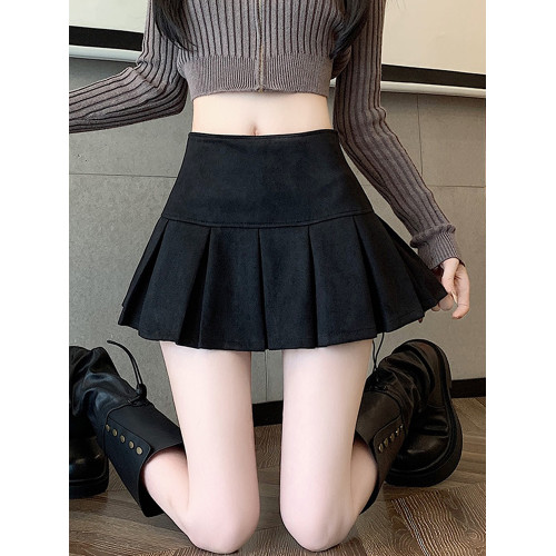 黑色鹿皮絨百褶半身裙女秋冬高腰顯瘦小皮裙休閒防走光a字短裙褲 黑色鹿皮絨百褶半身裙女秋冬高腰顯瘦小皮裙休閒防走光a字短裙褲