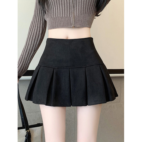 黑色鹿皮絨百褶半身裙女秋冬高腰顯瘦小皮裙休閒防走光a字短裙褲 黑色鹿皮絨百褶半身裙女秋冬高腰顯瘦小皮裙休閒防走光a字短裙褲