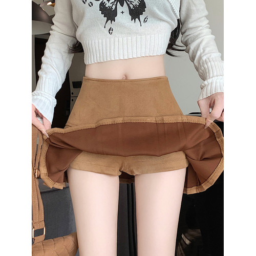 黑色鹿皮絨百褶半身裙女秋冬高腰顯瘦小皮裙休閒防走光a字短裙褲 黑色鹿皮絨百褶半身裙女秋冬高腰顯瘦小皮裙休閒防走光a字短裙褲