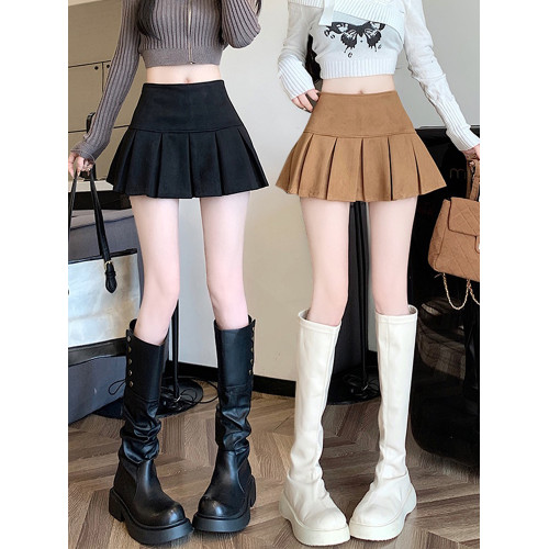 黑色鹿皮絨百褶半身裙女秋冬高腰顯瘦小皮裙休閒防走光a字短裙褲 黑色鹿皮絨百褶半身裙女秋冬高腰顯瘦小皮裙休閒防走光a字短裙褲