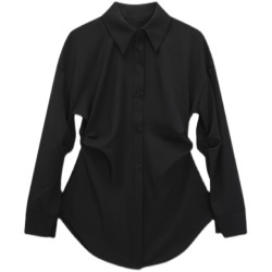 ANNX2025新款翻領長袖純色襯衫廓形設計感顯瘦收腰褶皺中長款上衣