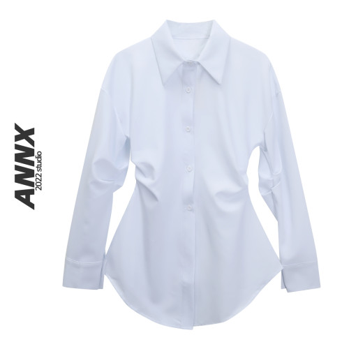 ANNX2025新款翻領長袖純色襯衫廓形設計感顯瘦收腰褶皺中長款上衣
