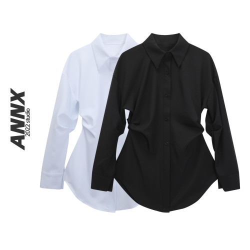 ANNX2025新款翻領長袖純色襯衫廓形設計感顯瘦收腰褶皺中長款上衣