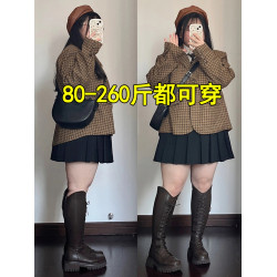 大碼秋冬jk西裝百褶裙女微胖mm百搭遮肉寬松純色防走光短a字裙子