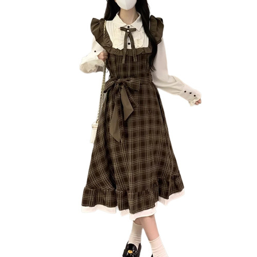 春秋新款文藝復古襯衣拼接背帶裙假兩件大碼學院風蘿莉格子連衣裙