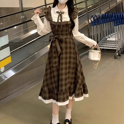 春秋新款文藝復古襯衣拼接背帶裙假兩件大碼學院風蘿莉格子連衣裙