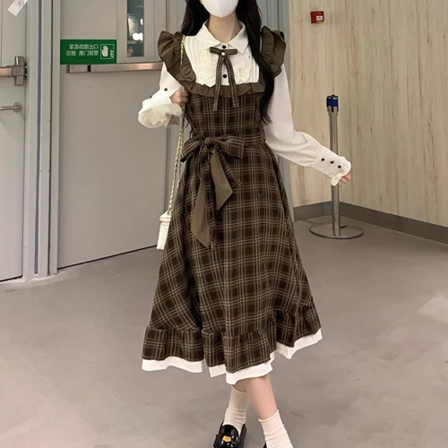 春秋新款文藝復古襯衣拼接背帶裙假兩件大碼學院風蘿莉格子連衣裙