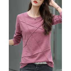 竹節棉長袖t恤女2025春新款韓版寬松純色打底衫時尚圓領純棉上衣