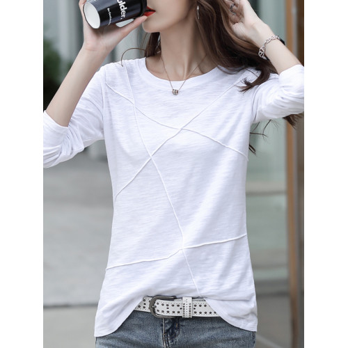 竹節棉長袖t恤女2025春新款韓版寬松純色打底衫時尚圓領純棉上衣 竹節棉長袖t恤女2025春新款韓版寬松純色打底衫時尚圓領純棉上衣