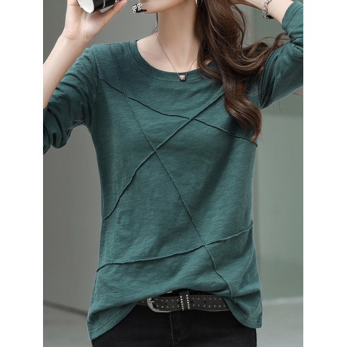 竹節棉長袖t恤女2025春新款韓版寬松純色打底衫時尚圓領純棉上衣 竹節棉長袖t恤女2025春新款韓版寬松純色打底衫時尚圓領純棉上衣