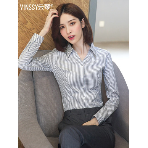 雲琴V領白色條紋襯衫女竪條紋氣質長袖職業工作服襯衣設計感小衆