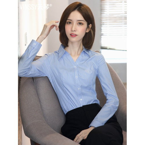 雲琴V領白色條紋襯衫女竪條紋氣質長袖職業工作服襯衣設計感小衆