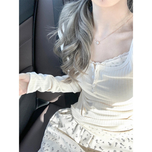 假兩件溫柔碎花內搭打底衫女秋冬高級感純欲修身短款別致絕美上衣