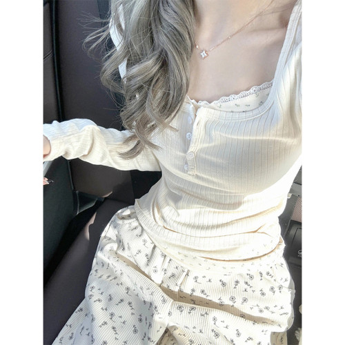 假兩件溫柔碎花內搭打底衫女秋冬高級感純欲修身短款別致絕美上衣