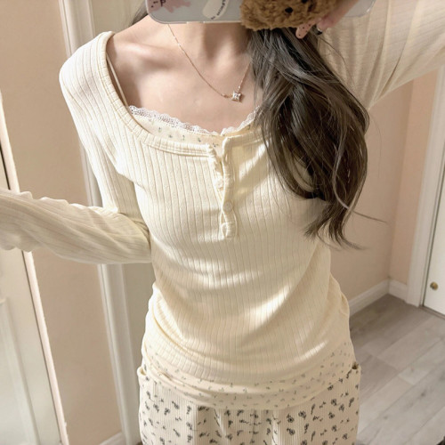 假兩件溫柔碎花內搭打底衫女秋冬高級感純欲修身短款別致絕美上衣