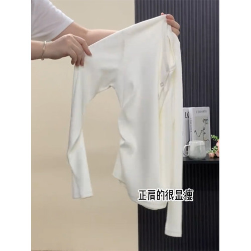 白色螺紋v領長袖t恤打底衫女2025新款春秋大碼胖mm遮肚子內搭上衣