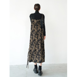 復古碎花絲絨吊帶裙秋冬背帶裙女豹紋連衣裙V領中長款燈芯絨裙子