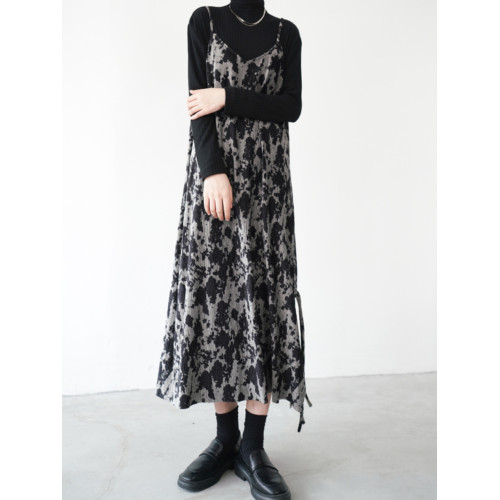 復古碎花絲絨吊帶裙秋冬背帶裙女豹紋連衣裙V領中長款燈芯絨裙子