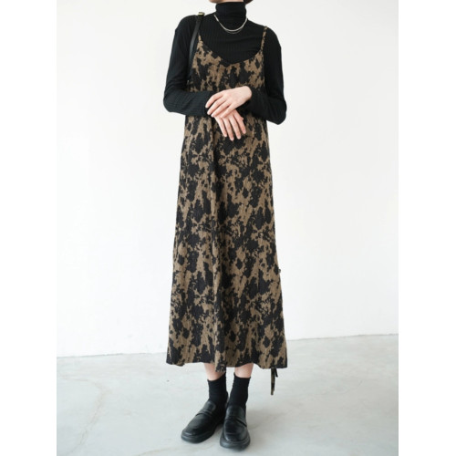 復古碎花絲絨吊帶裙秋冬背帶裙女豹紋連衣裙V領中長款燈芯絨裙子