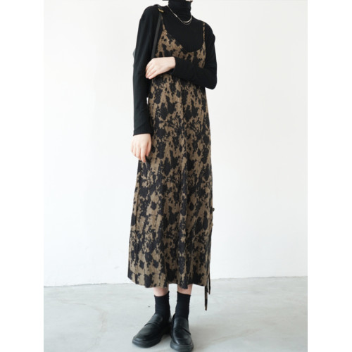 復古碎花絲絨吊帶裙秋冬背帶裙女豹紋連衣裙V領中長款燈芯絨裙子